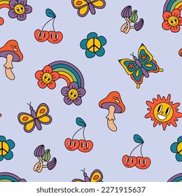 Retro seamless patterns, groovy hippie backgrounds. Cartoon funky print with butterflies, sun, rainbow, flowers, mushrooms.