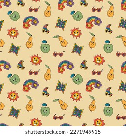 Retro-nahtlose Muster, großartige Hippie-Hintergründe. Cartoon funky Druck mit Birnen, Äpfeln, Schmetterlingen, Herzen, Sonne, Walzen Muster.	
