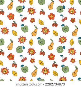 Patrones retro sin fisuras, fondos hippie gruesos. Caricatura de papel funky con peras, manzanas, sol, cereza, fresa, patrón floral.