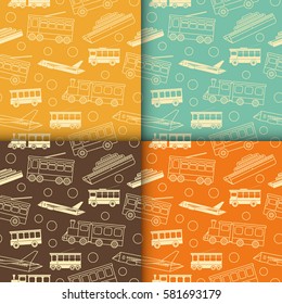 Retro seamless patterns with outline icons of transport. Vector set vintage illustration for wrapping or textile. Background. Linear objects in flat design.