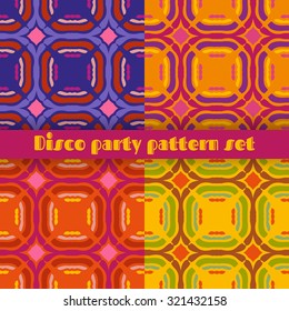 Retro seamless patterns set. 70's fashion style inspired. Bright and groovy vector illustrations set for disco theme events, textile, wrapping.  Sorted in layers.
