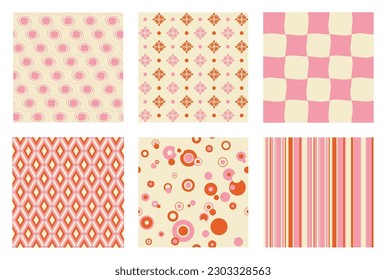 Retro seamless patterns vector set. Abstract warm color vintage 60s, 70s groovy backgrounds