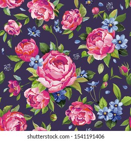 Retro seamless peony pattern on dark background. Elegance color floral vector illustration for your botanical design. Beautiful summer picture in vintage style with spring flowers