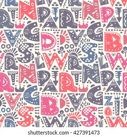Retro seamless repeating pattern with alphabet letters and decorative shapes. Colorful vector background
