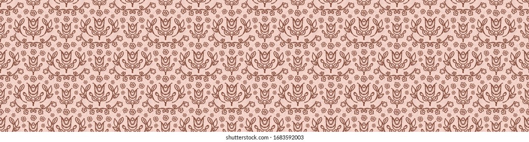 Retro seamless scribble flower vector  border pattern. Modern naive daisy woven linen texture style background. Vintage red grey 1950s floral bloom decorative banner. Bold sketchy doodle ribbon trim.