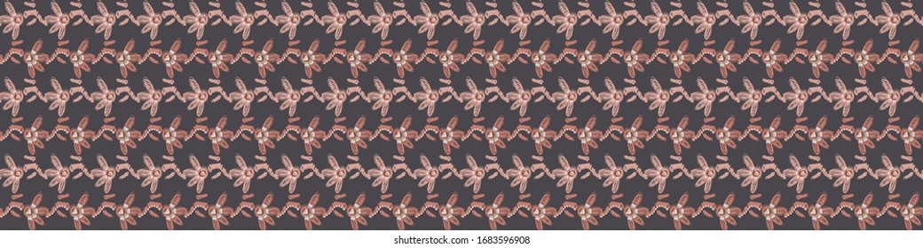 Retro seamless scribble flower vector  border pattern. Modern naive daisy woven linen texture style background. Vintage red grey 1950s floral bloom decorative banner. Bold sketchy doodle ribbon trim.