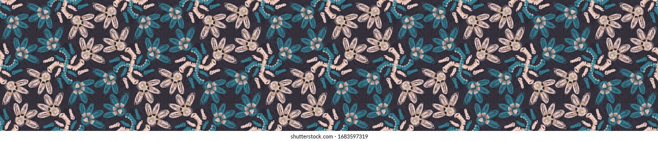 Retro seamless scribble flower vector  border pattern. Modern naive daisy woven linen texture style background. Vintage red grey 1950s floral bloom decorative banner. Bold sketchy doodle ribbon trim.