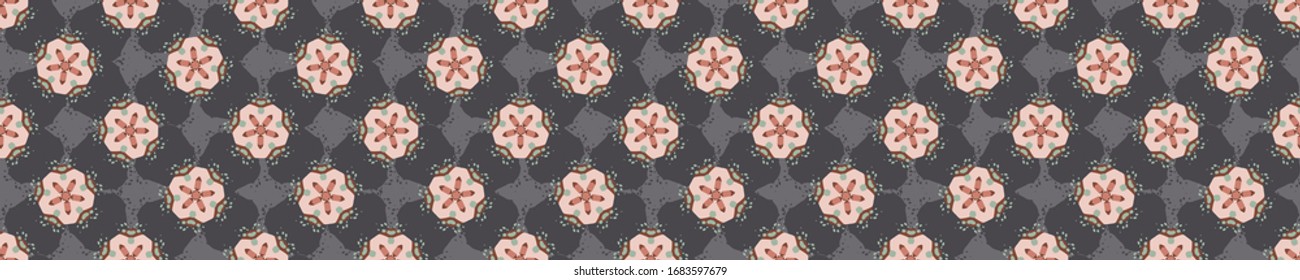 Retro seamless scribble flower vector  border pattern. Modern naive daisy woven linen texture style background. Vintage red grey 1950s floral bloom decorative banner. Bold sketchy doodle ribbon trim.