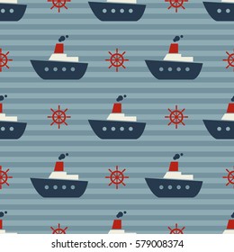 Retro seamless sea pattern with sailing steamboat and steering wheels . Baby pattern. 