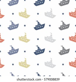 Retro seamless sea pattern with sailing steamboat. Baby pattern. 