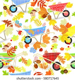 retro seamless texture with cute garden wheelbarrows and fall leaves