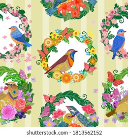 retro seamless texture with floral wreaths. cute birds and flying butterflies in round frame with flowers.