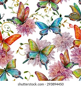 retro seamless texture with of flying butterflies. watercolor painting. vector illustration