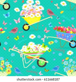retro seamless texture with funny wheelbarrows full of flowers for your design