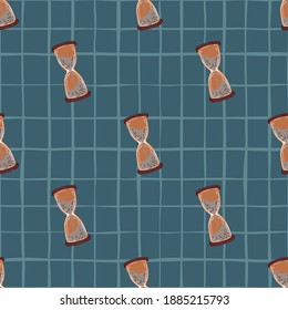 Retro seamless time pattern with hourglass elements. Blue chequered background. Designed for fabric design, textile print, wrapping, cover. Vector illustration.