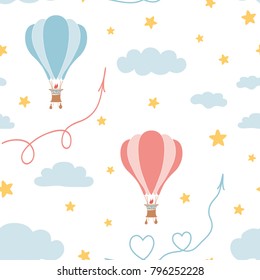 Retro seamless travel pattern of air balloons, sky, stars. Kids fabric textile design. Vector illustration in flat style for wallpaper, background, wrap. Great gor girls and boys. Baby cloth template