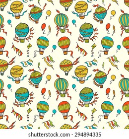Retro seamless travel pattern of hot air balloons. Air balloon, sky kite, flag. Hand drawn vector background for your design.