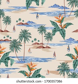 Retro seamless tropical island pattern on light beige ocean background. Landscape with palm trees,beach and ocean vector hand drawn style.Design for fashion,fabric,web,wallaper,wrapping and all prints