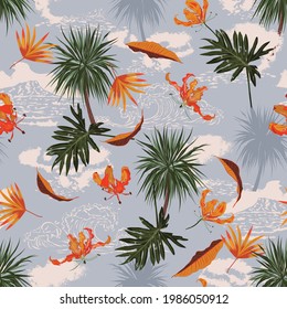 Retro seamless tropical island pattern on light blue ocean background. Landscape with palm trees, beach, waves ,ocean vector hand drawn style.Design for fashion,fabric,wallaper,wrapping