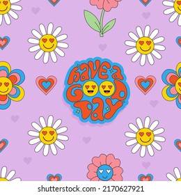 Retro Seamless vector pattern with 70s, 80s, 90s vibes groovy elements. Motivational slogan lettering Have a good day, cartoon funky flower power on purple background with hearts. Vector illustration