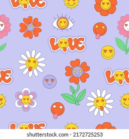 Retro Seamless vector pattern with 70s, 80s, 90s vibes groovy elements. Stickers lettering Love, cartoon funky flower power, daisy flowers, emoji face on purple background. Vector illustration