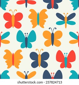 Retro seamless vector pattern of colorful butterfly silhouettes. Endless texture can be used for printing onto fabric, web page background and paper or invitation. White, blue, red and yellow colors.