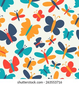 Retro seamless vector pattern of colorful butterfly silhouettes. Endless texture can be used for printing onto fabric, web page background and paper or invitation. White, blue, red and yellow colors.