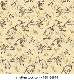 Retro Seamless vector pattern with ducks walking near pond. Liberty style full repeat surface design background for textile, fabric, wallpaper, print or web. Cute repeat pattern for kids, small babies