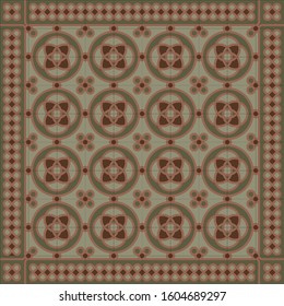 Retro Seamless Vector Pattern of Encaustic tiles decorations. Tileable floor mosaic background in victorian style with border. Set of full editable tiles.