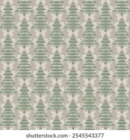 Retro seamless vector pattern with striped Christmas trees on neutral background. Abstract geometric design for seasonal wrapping paper, greeting cards and gift boxes. 