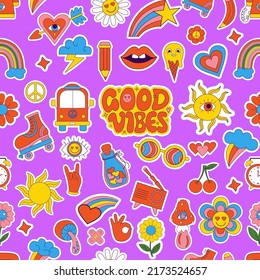 Retro Seamless vector pattern with vibes groovy elements. Nostalgia stickers things, radio commercials, bus, lettering Good vibes, cartoon funky flower power on purple background. Vector illustration