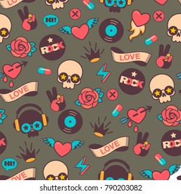  retro seamless vector rock pattern with skull and heart