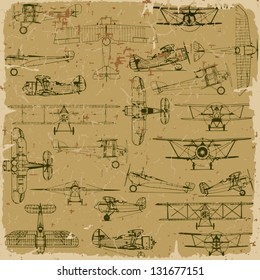 Retro seamless vintage airplanes pattern old paper. Plus three objects  cracked surface. Grunge effects can be removed.