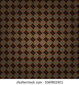 Retro seamless wallpaper pattern. Vintage blue, orange and black backgrounds with geometric and simple floral elements. Vector illustration.