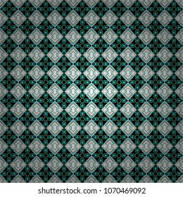 Retro seamless wallpaper pattern. Vintage white, blue and black backgrounds with geometric and simple floral elements. Vector illustration.