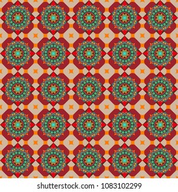 Retro seamless wallpaper pattern. Vintage yellow, brown and red backgrounds with geometric and simple floral elements. Vector illustration.