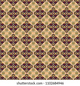 Retro seamless wallpaper pattern. Vintage brown, orange and green backgrounds with geometric and simple floral elements. Vector illustration.