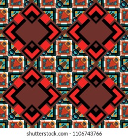 Retro seamless wallpaper pattern. Vintage red, black and brown backgrounds with geometric and simple floral elements. Vector illustration.