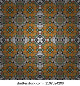 Retro seamless wallpaper pattern. Vintage yellow, gray and blue backgrounds with geometric and simple floral elements. Vector illustration.