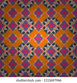 Retro seamless wallpaper pattern. Vintage pink, orange and gray backgrounds with geometric and simple floral elements. Vector illustration.