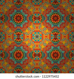 Retro seamless wallpaper pattern. Vintage pink, orange and blue backgrounds with geometric and simple floral elements. Vector illustration.