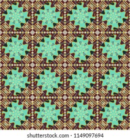 Retro seamless wallpaper pattern. Vintage green, gray and brown backgrounds with geometric and simple floral elements. Vector illustration.