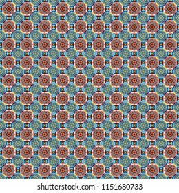 Retro seamless wallpaper pattern. Vintage violet, brown and blue backgrounds with geometric and simple floral elements. Vector illustration.