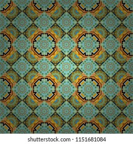 Retro seamless wallpaper pattern. Vintage brown, blue and red backgrounds with geometric and simple floral elements. Vector illustration.
