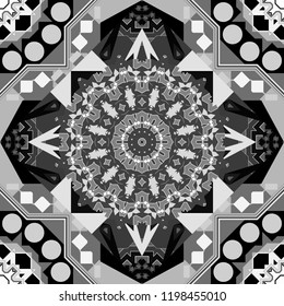 Retro seamless wallpaper pattern. Vintage black, white and gray backgrounds with geometric and simple floral elements. Vector illustration.
