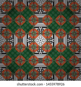 Retro seamless wallpaper pattern. Vintage green, gray and orange backgrounds with geometric and simple floral elements. Vector illustration.