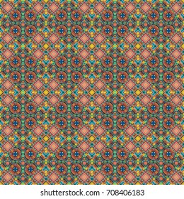 Retro seamless wallpaper pattern. Vintage brown, green and blue backgrounds with geometric and simple floral elements. Vector illustration.