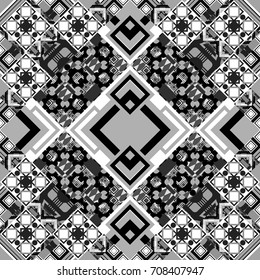 Retro seamless wallpaper pattern. Vintage gray backgrounds with geometric and simple floral elements. Vector illustration.