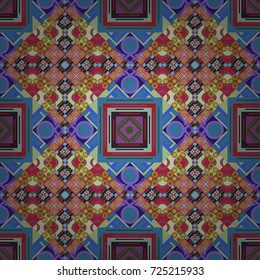 Retro seamless wallpaper pattern. Vintage blue, brown and violet backgrounds with geometric and simple floral elements. Vector illustration.