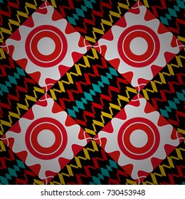 Retro seamless wallpaper pattern. Vintage red, black and neutral backgrounds with geometric and simple floral elements. Vector illustration.